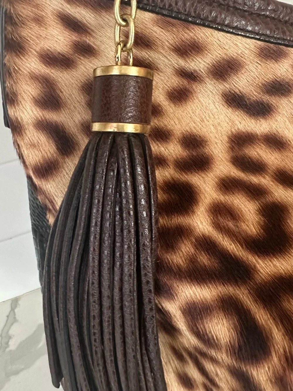 Brahmin Kathleen leopard print calf hair hobo leather bag